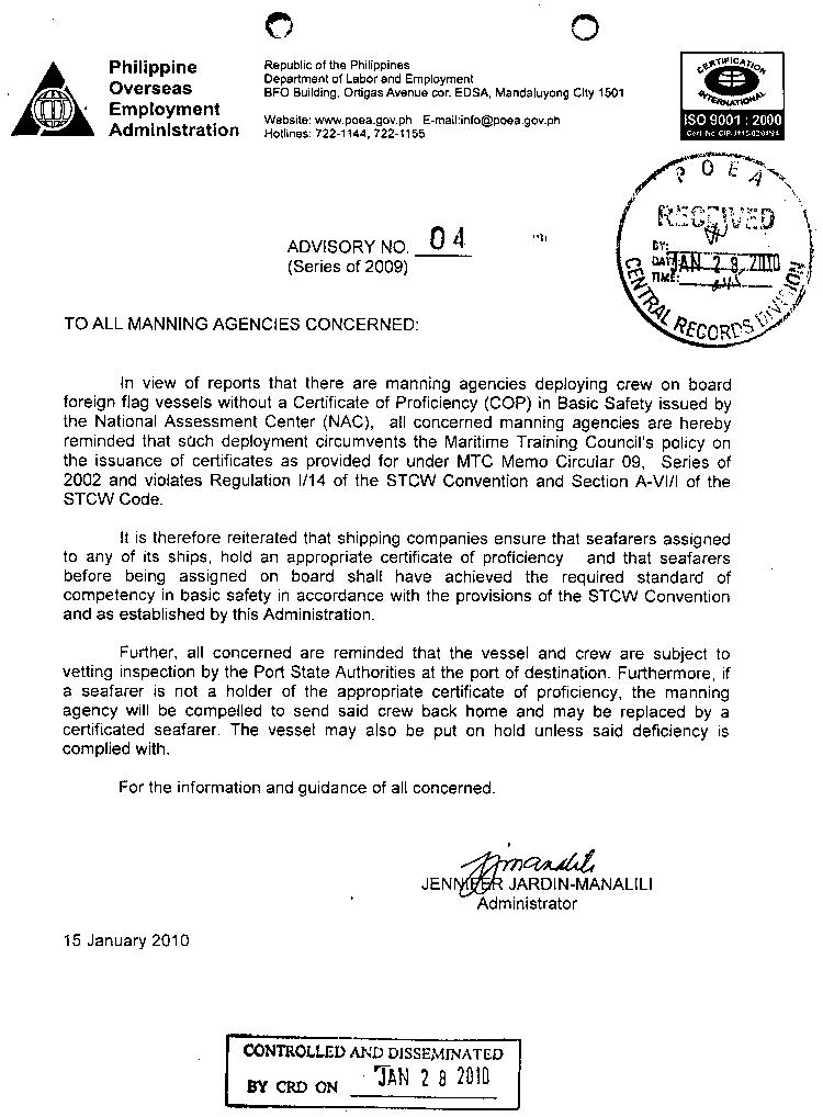 POEA REITERATES THE IMPORTANCE OF CERTIFICATE OF PROFICIENCY (COP) IN